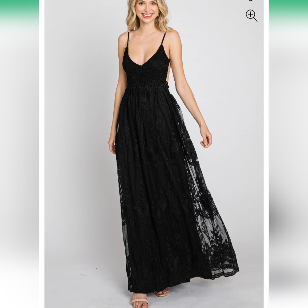 Black Crochet Lace Open Back Maxi Dress